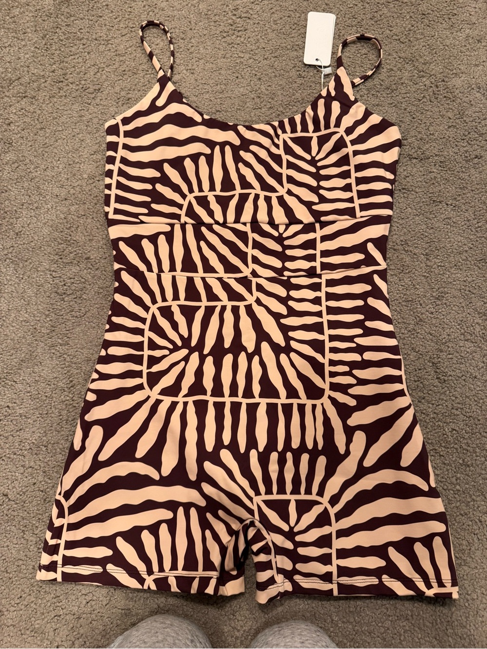 Spaghetti-Strap One-Piece Swim Suit in Beige and Dark Brown